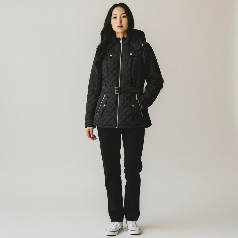 Tommy Hilfiger Puffer Hoodie Jacket Black S/P Quilted Belted Gorpcore NWOT‎
